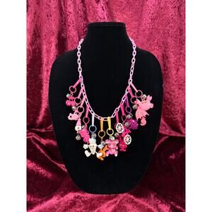 Vintage 1980s Plastic Chain Charm Necklace 12 Bell Googly Eyes Charm Pink Purple